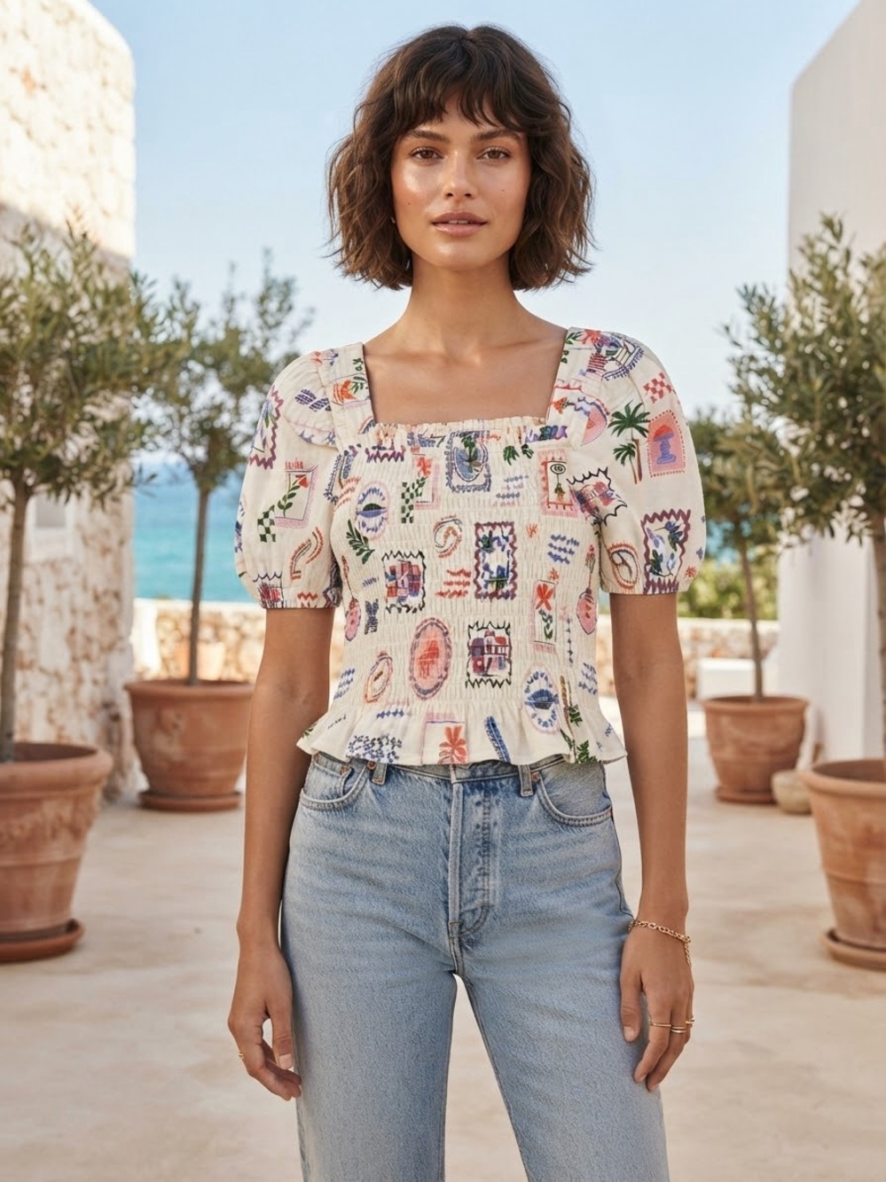 Monteau Cream Smocked Square-Neck Top with Multicolor Print